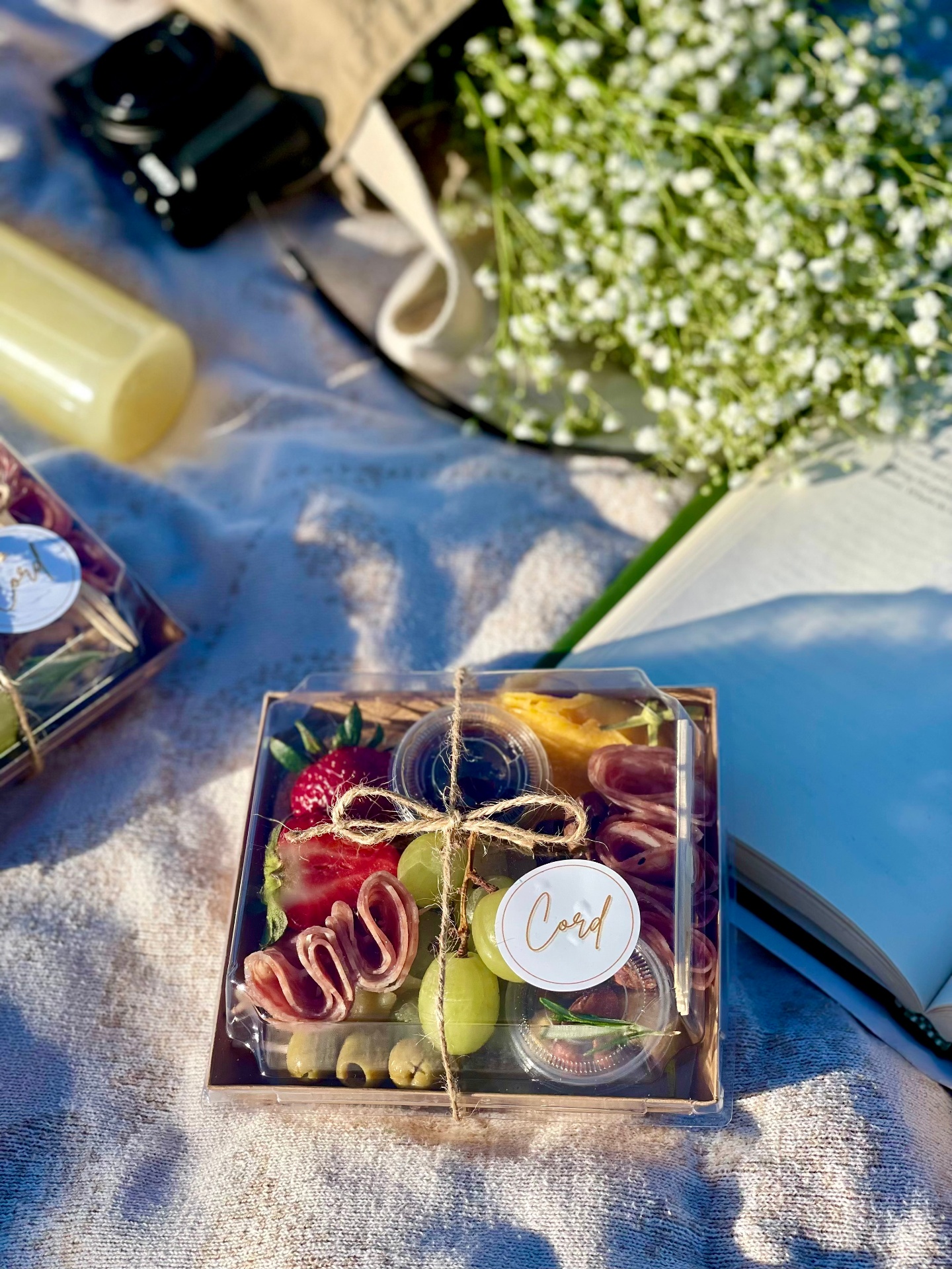 Elegant charcuterie board with cheeses, salami roses, fruits and honey